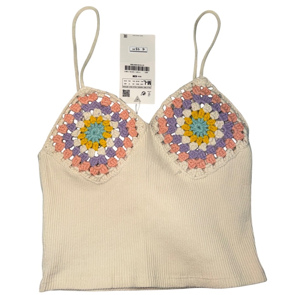 ZARA Ribbed Cropped Tank‎ Top Crochet Bralette Multi Color Pastel Size M L